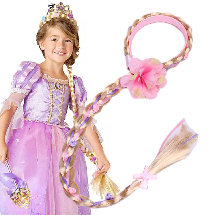 Children's Wig Long Braids Long Hair Princess Wig Headband Ice and Snow Photo Shoot Performance Headwear Flower Girl Braids