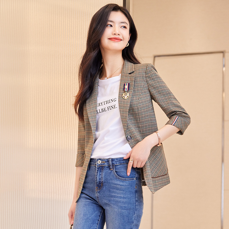Fashionable Plaid Blazer for Women, Summer Thin Style, Elegant Slim Fit, Three-Quarter Sleeve Suit, British Style Suit Top