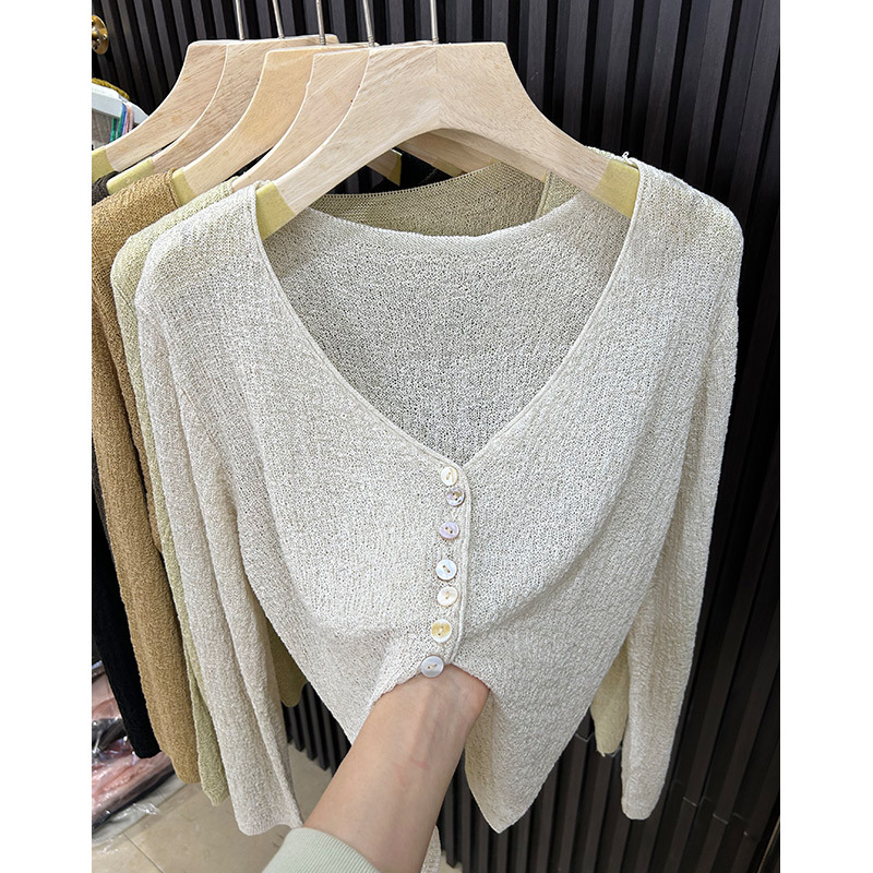 Solid Color Simple Linen Cotton V-Neck Knitted Cardigan for Women 2026 Spring and Summer Thin Style Elegant Sun Protection Breathable Loose Top