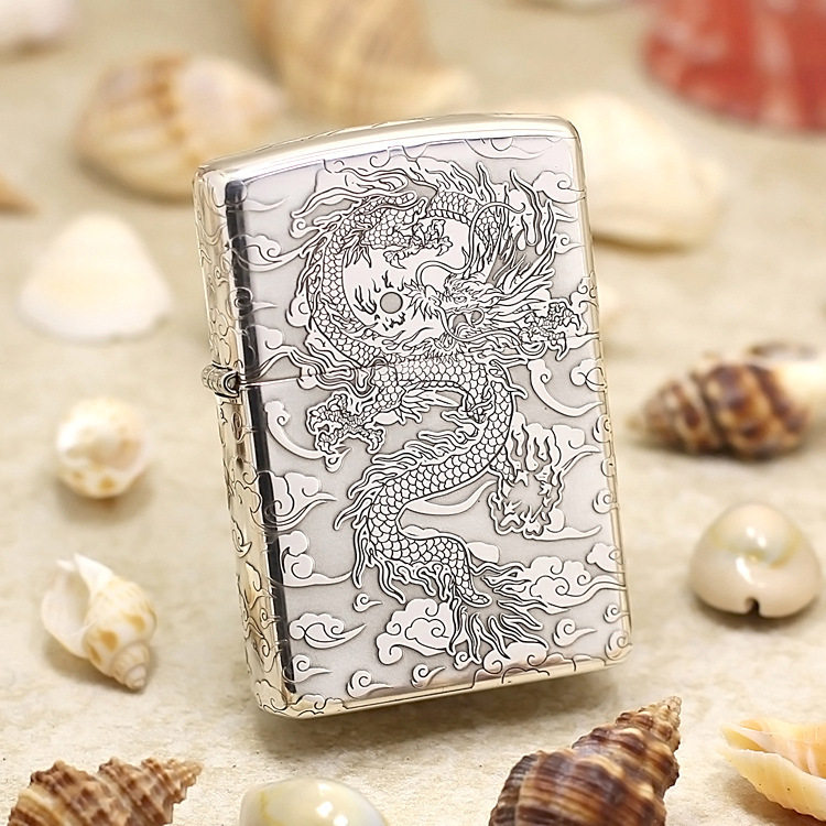 American original zippo lighter sterling silver No. 15 five-sided finely carved dragon in the sky dragon pattern auspicious cloud
