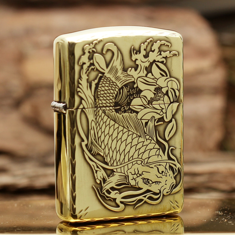 Original Loaded Zippo Lighter Lotus Carp Pure Copper Armor Engraving Rich And Expensive Fish Year Over Year Business Good Manners