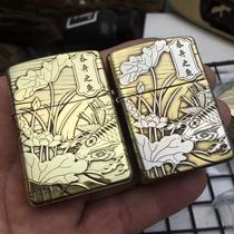 Genuine ZIPPO Sesame Oil Lighter Bronze Armor Five Faces Finely Carved fish year after year fish rich and expensive fish