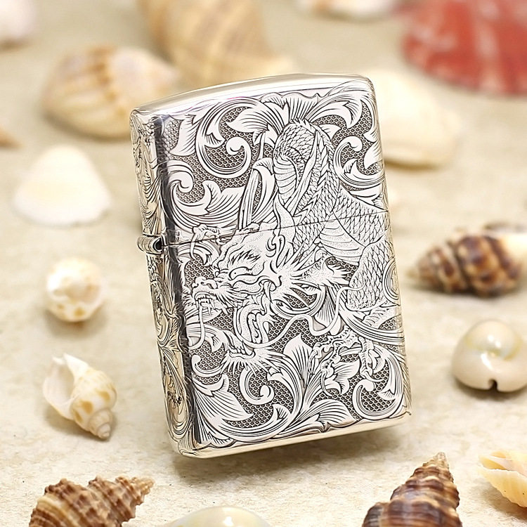 Counter genuine zippo lighter No. 15 sterling silver carved tang grass dragon