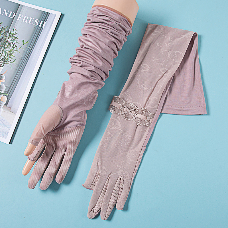 Summer Sun Protection Gloves, Long Style for Women, Ice Silk Lace, Fingerless Sunshade Half-Finger Sleeves, Cycling, Driving, Touchscreen Arm Sleeves