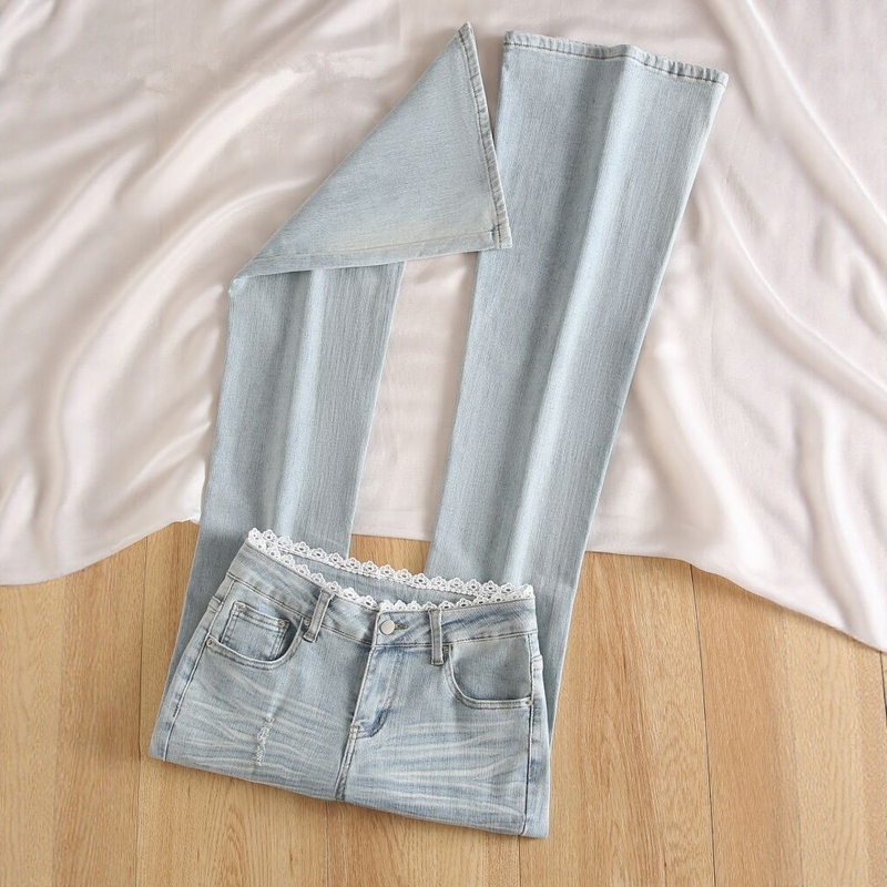 Tall Women's Lace-Trimmed Low-Waist Flared Jeans, Spring and Summer Thin Stretchy Ripped Bootcut Pants, Light Blue Bootcut Pants