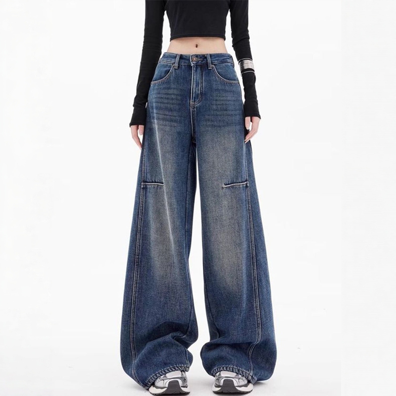 American-Style Extended Denim Wide-Leg Pants for Women, New Spring and Autumn High-Waisted Loose Straight Pants for Tall People, Floor-Length Pants That Cover the Body