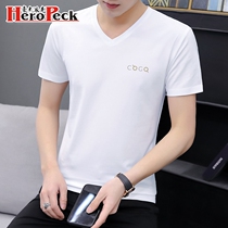Modal mens short sleeve T-shirt summer clothes fashion v collar ice mercerized cotton body gilt base shirt pure white