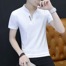 Mens short-sleeved T-shirt summer cotton white mens fashion v-collar slim body shirt handsome Tide brand summer clothes