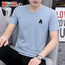 Ice Silk Light Cotton Modell Men Short Sleeve T-shirt 100 Hitch Clothes Tide Cards Summer Fashion Trends Small Shirts Body V pilotage Wind