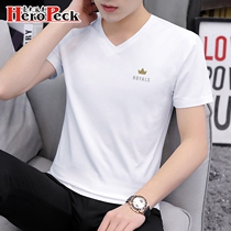 Modal Ice Mercerized Cotton Men Short Sleeve T-shirt V-neck Solid Color Summer Trend Slim Half Sleeve Clothes base shirt