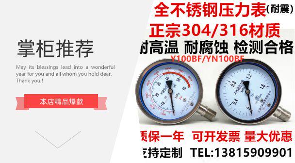 Y100 stainless steel pressure gauge shock-resistant pressure gauge shock-resistant pressure gauge high temperature 304