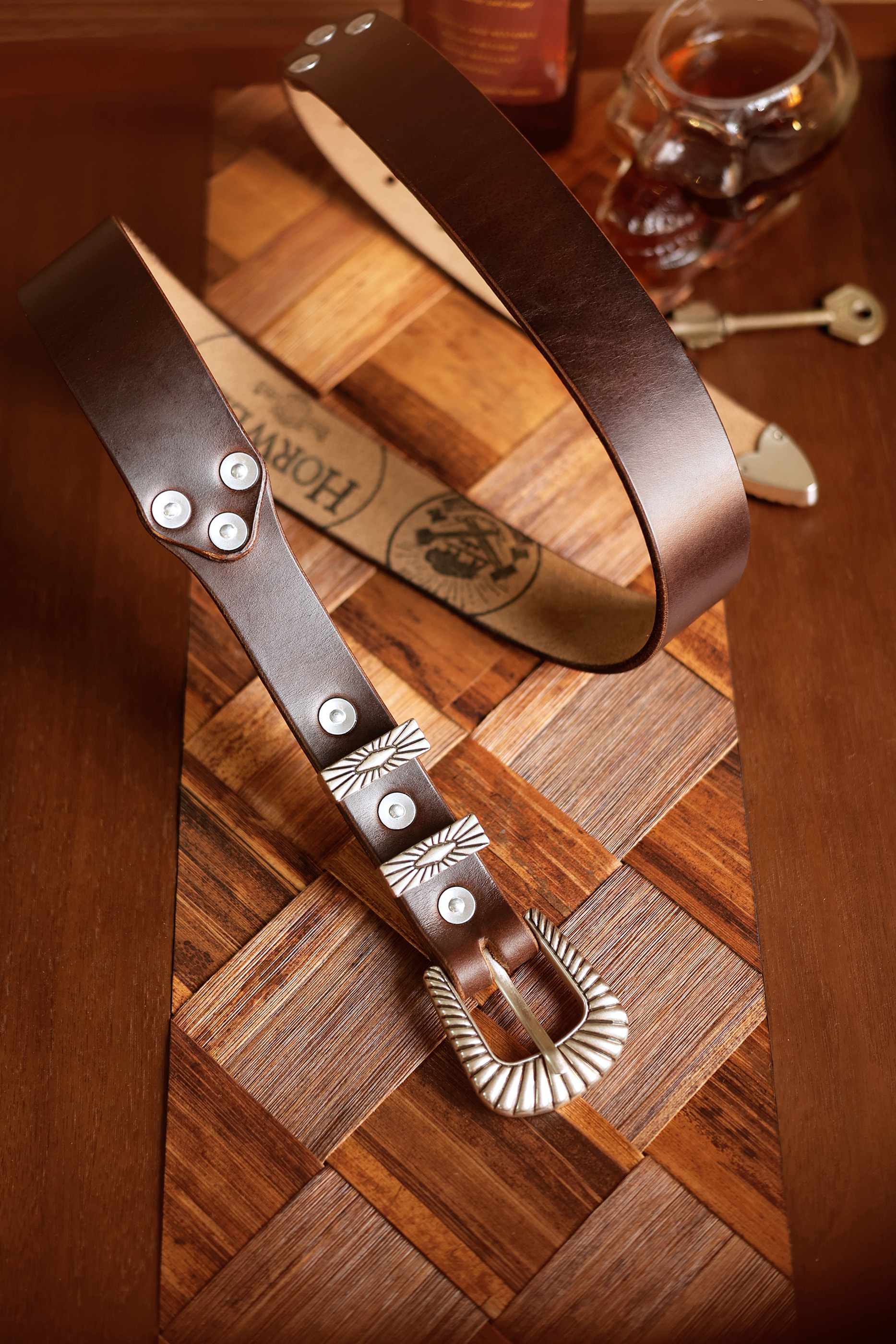American Horween leather hand-made Silver carved belt - Belts - Genuine Leather Multicolor