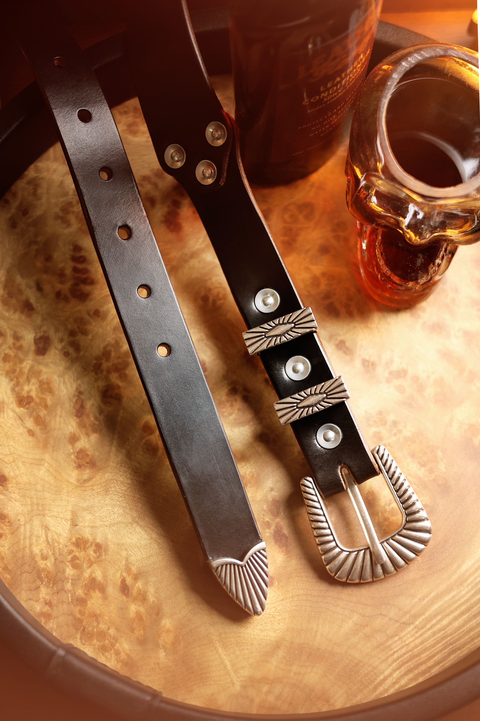 American Horween leather hand-made Silver carved belt - Belts - Genuine Leather Multicolor