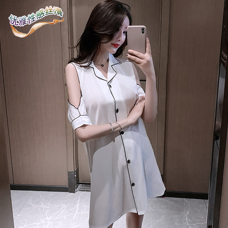 White shirt pajamas high-end women's short-sleeved summer ice silk nightdress off-the-shoulder sexy silk small thin section