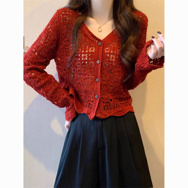 Autumn V-Neck Knitted Cardigan New Chinese Style Crochet Hollow Cardigan Shawl Coat Women's Crochet Top Red Autumn V-Neck Knitted Cardigan New Chinese Style Crochet Hollow Cardigan Shawl Coat Women's Crochet Top Red