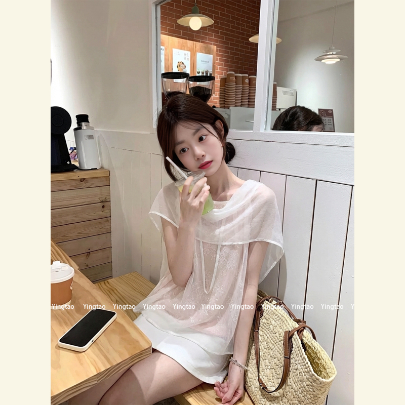 Charry French Lace Patchwork Ribbon Elegant Blouse for Women 2026 Summer New High-End Slimming Top