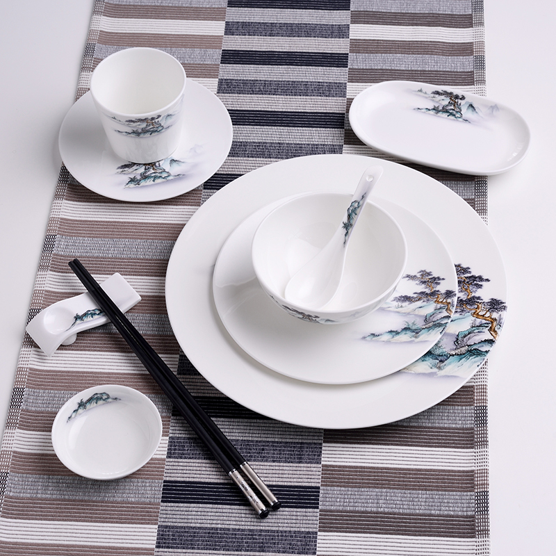 High-Quality Bone China Hotel Tableware, New Chinese-Style Clubhouse Bowls, Plates, Spoons, Ceramic Landscape Tangshan Bone China Four-Piece Tableware Set