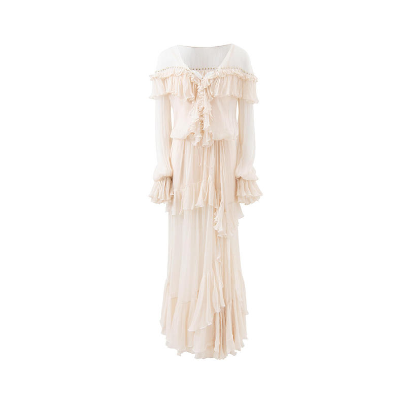 [Same Style as Guan Xiaotong] Jellojello Heavy-Duty Ruffled Lace-Up Decorative Flowing Long Vacation Dress
