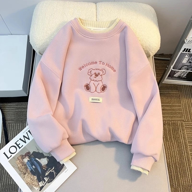 Girls' Sweatshirt, New Autumn and Winter Style, Fake Two-Piece Patchwork Clothing, Spring Embroidered Cartoon Design, Fleece-Lined and Thickened Top for Older Girls
