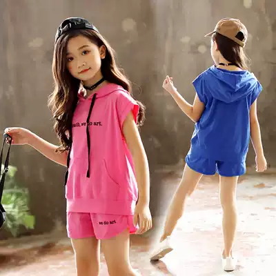 Girls sports set 2021 new summer dress big children women's short-sleeved shorts hooded two-piece mother and daughter parent-child