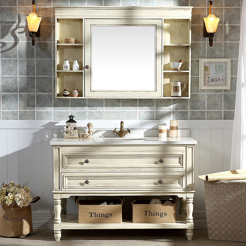 American-style bathroom cabinet combination solid wood floor-to-ceiling wash basin sink toilet wash table rock slab bathroom mirror cabinet