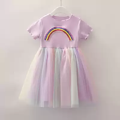 Korean girls short sleeve dress 2020 Summer Children foreign pie mesh dress baby rainbow puffy princess skirt