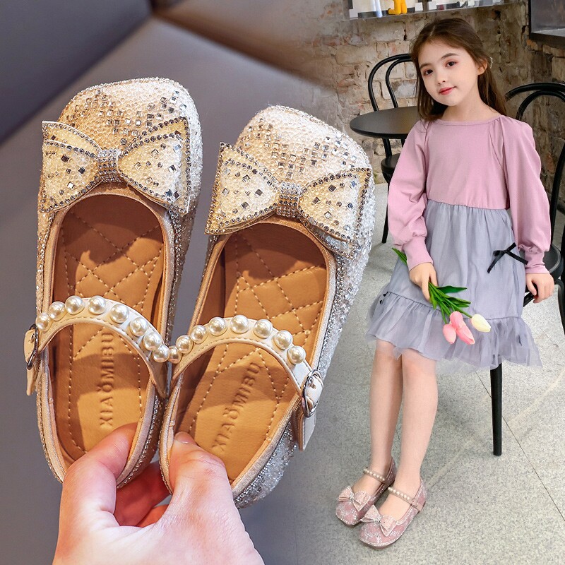 Korean Girl Shoes Princess Shoes Single Shoes 2021 Spring Summer New Soft-bottom Leather Shoes Children Crystal Shoes Summer