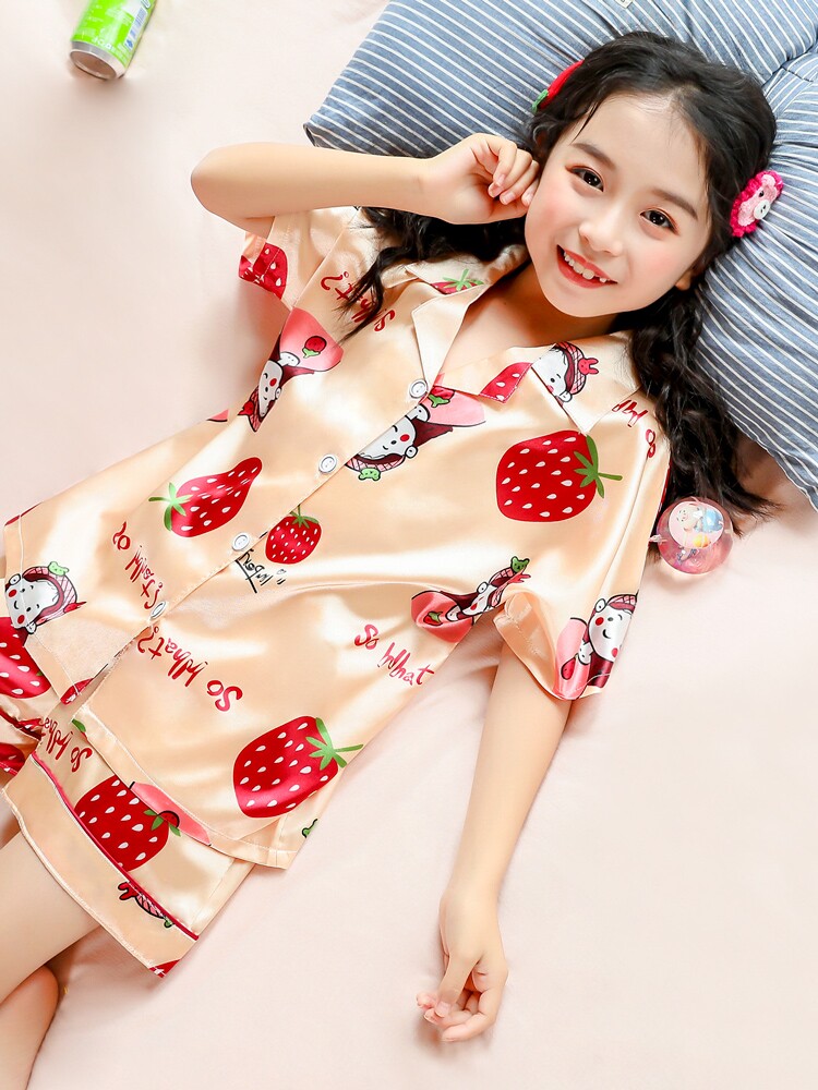 South Korea Girl Sleepwear Summer Ice Silk Thin children short sleeves CUHK Tong suit Parent-child Baby Home Home Clothing
