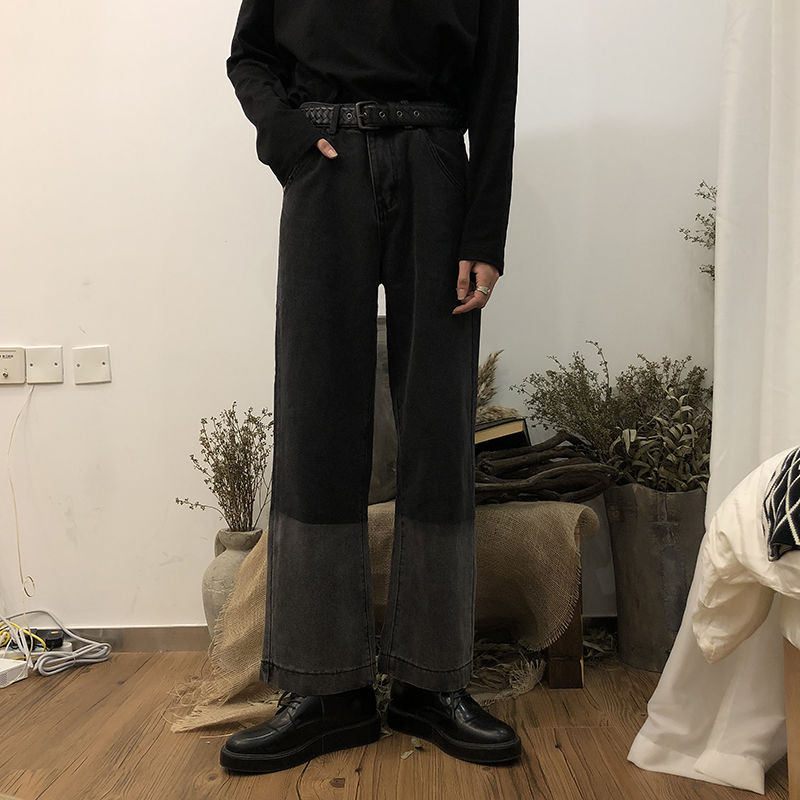 yghome contrast color loose straight jeans men's 2021 autumn new chic casual drape wide-leg trousers trend