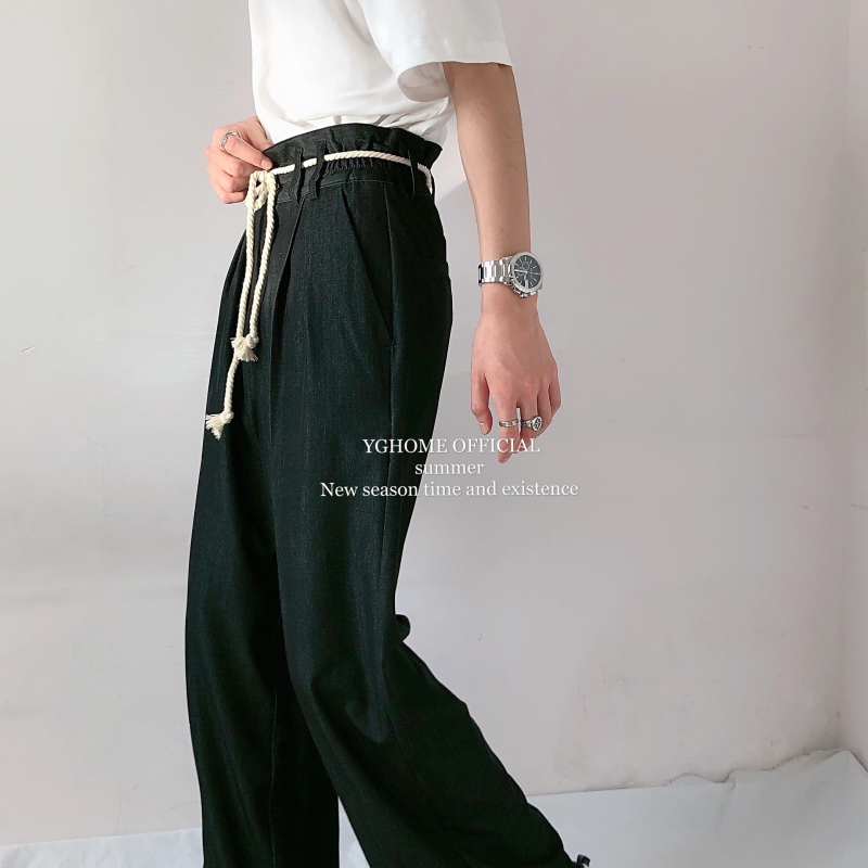 yghome strap decoration drape wide-leg pants men's all-match straight loose casual trousers Korean style trendy mopping pants