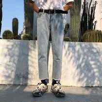 Free belt retro solid color nine-point jeans mens Korean version light blue casual all-match slim-fit raw edge nine-point pants