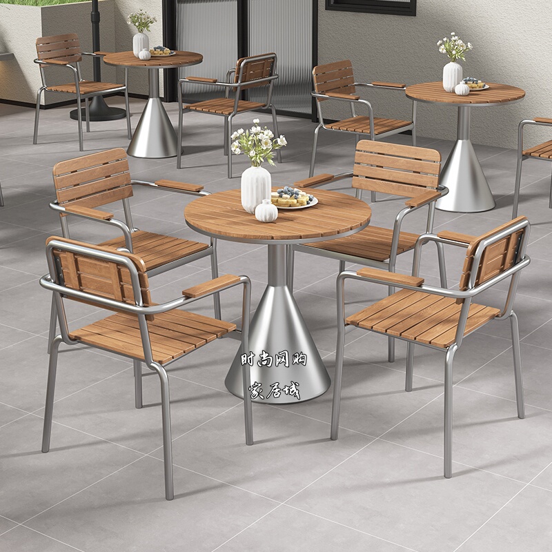 Outdoor Sun Protection Leisure Milk Tea Shop Cafe Small Round Table Music Bar Rest Area Outdoor Plastic Wood Table and Chair Set