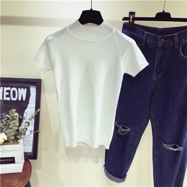 Mùa xuân hè mới thời trang nửa cổ áo len cao cổ màu rắn hoang dã Áo thun ngắn tay nữ đầu thon cardigan nữ