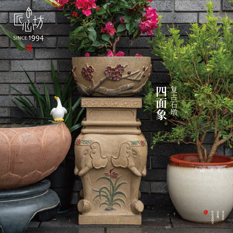 Ingenious Chinese-Style Garden Elephant Stone Pedestal Ornaments for Outdoor Courtyard Villa Decoration, Bonsai Balcony Landscaping Flower Pots