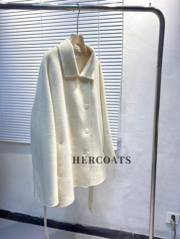Hercoats 2025 Autumn and Winter Korean Style Mid-Length White Short Alpaca Wool Lace-Up Wool Coat for Women