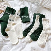 Green Socks Female Midbarrel Socks Pure Cotton Spring Autumn Style White Long Silo Socks Retro Cute Day Ensemble College Windy High Stocking Socks