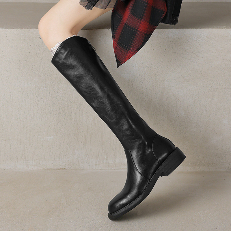 2026 Stylish Black Flat V-Cut Boots, Long Boots for Women, Autumn and Winter Genuine Leather, Slimming High Boots, Low Heel Riding Boots 2026 Stylish Black Flat V-Cut Boots, Long Boots for Women, Autumn and Winter Genuine Leather, Slimming High Boots, Low Heel Riding Boots