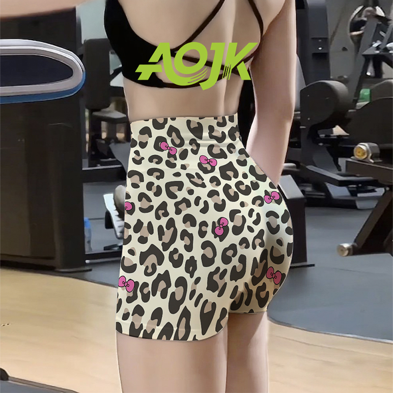 Bowknot Leopard Print Yoga Shorts, Three-Quarter Length Butt-Lifting Shorts, Summer Breathable Sports Fitness Shorts, Fashionable Melard
