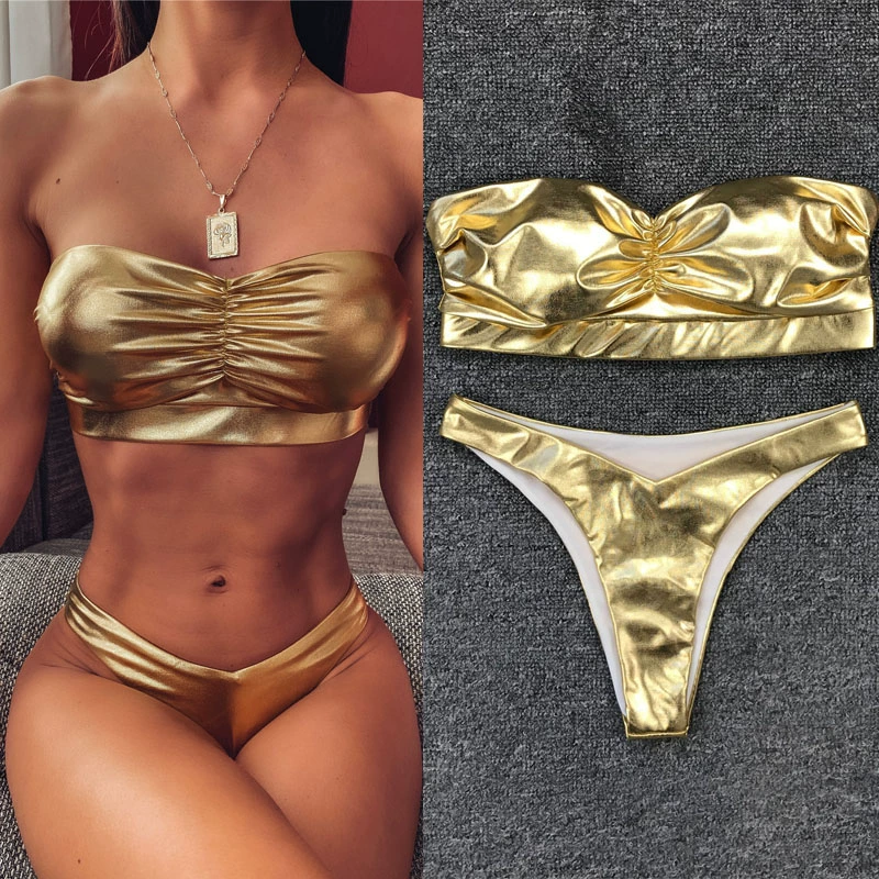 Mới 2020 sexy vàng sáng da xếp nếp bikini ống trên áo tắm tách áo tắm sân khấu thanh trang phục biểu diễn - Bikinis