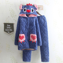 Korean version of ladies pyjamas winter three-layer thickened laminated cotton plus suede students can wear ultra-thick coral suede home jacket