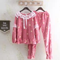 Autumn and winter thick flannel ladies pajamas sweet hipster students coral velvet warm home clothing set women