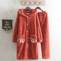 Super long autumn and winter pajamas ladies hooded cartoon cute flannel warm and thick home clothes double set