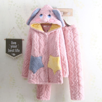 # Cute Goddess# Personality cartoon hooded thickened winter three-layer pajamas Lady coral velvet mid-length Home clothing set