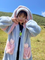 Cute autumn and winter coral velvet hooded cartoon lady padded pyjamas flannel hooded extended robe set