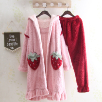 Super long autumn and winter thick Lady coral velvet pajamas hooded sweet flannel warm home suit women