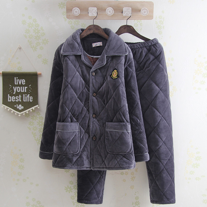 Winter casual solid color thickened men's pajamas three-layer simple can be worn outside Beibei velvet quilted home service suit men