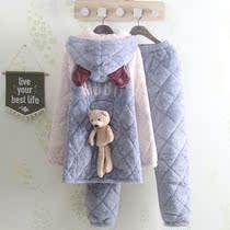 Korean Version Pyjamas Winter Lady Lian Hat Cute Loose Little Bear Triple thickened with velvety clip cotton woman Home Residence Suit Suit