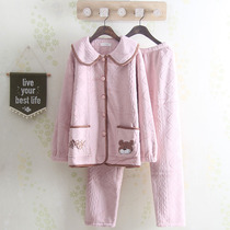 Solid color fashion casual autumn and winter pajamas ladies pink casual outside wear thick plus velvet warm home clothing set