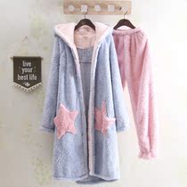 Autumn and winter hooded flannel ladies robe set cute coral velvet pajamas warm and thickened home wear suit