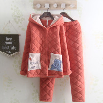 Cartoon Cute Lady Even Hat High-end Thickening Clip Cotton Pyjamas Winter Three Layers Warm Personality Korean Version home Home Jacket
